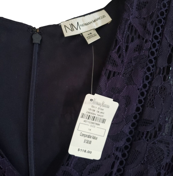NWT Nieman Marcus Navy Blue Sleeveless Lace High Low Dress Size 14 - Picture 5 of 5